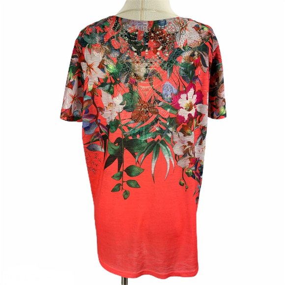 Hawaiian Floral Coral Large 12 14 Blouse Crochet - Picture 3 of 6